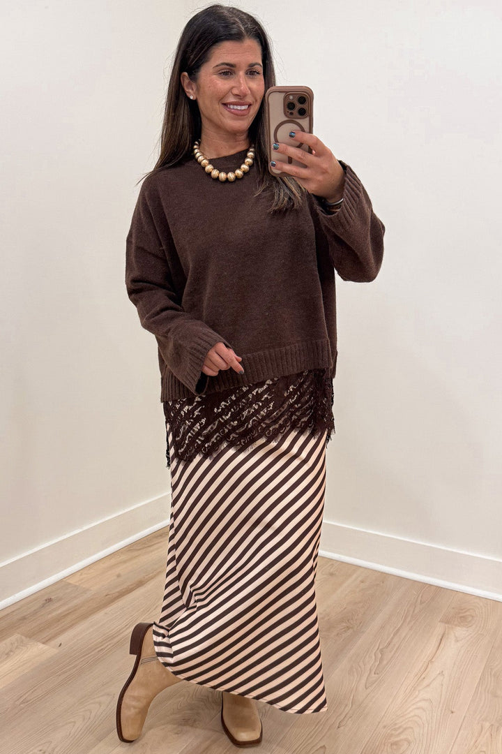 solid chocolate brown long sleeve knit sweater top with tiered lace bottom hem and ribbed trim