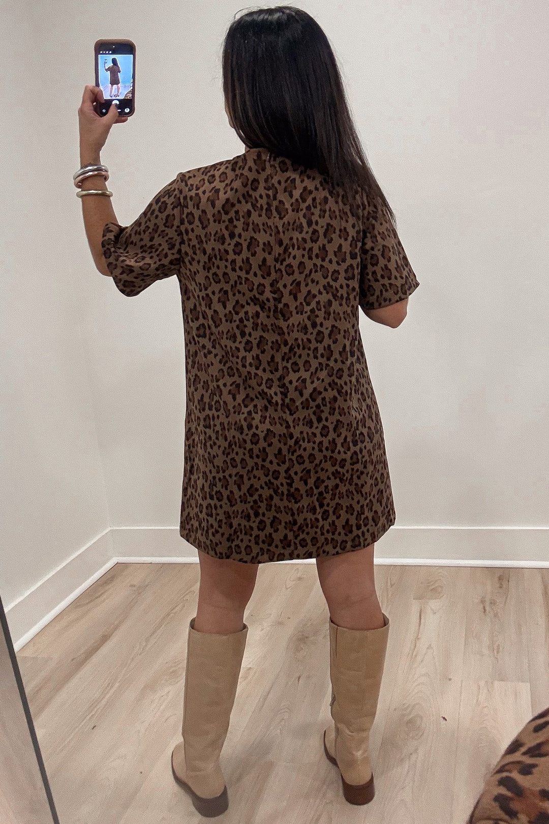 brown leopard print with gold accent details short sleeve relaxed mini dress with back zipper closure