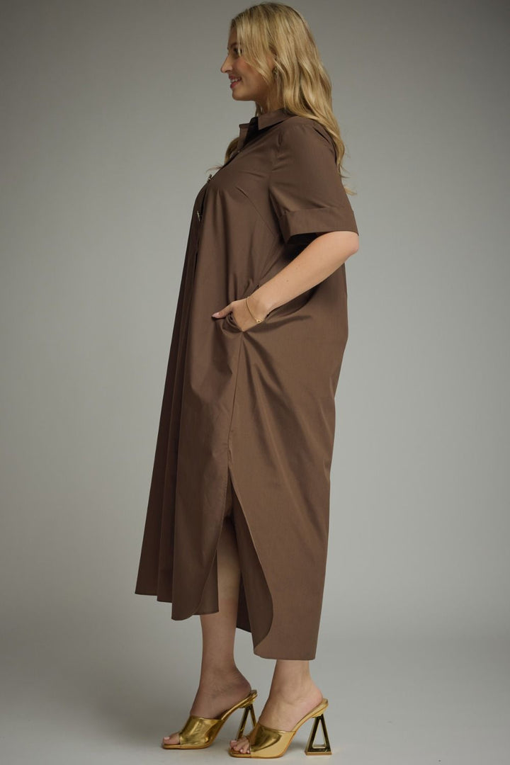 Entro plus size brown midi dress with gold decorative snap bodice in a flattering silhouette