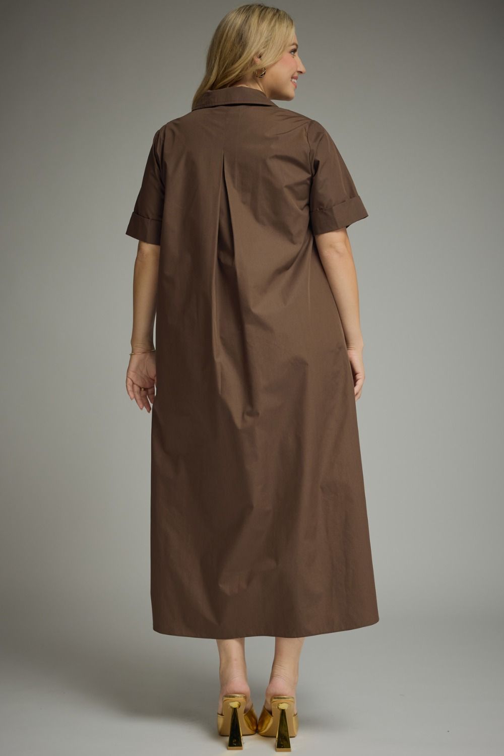 Entro plus size brown midi dress with gold decorative snap bodice and a tiered detail in back