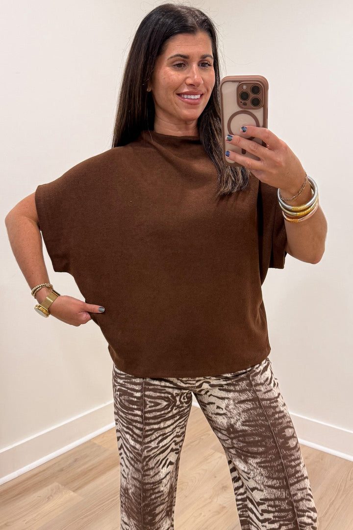 solid brown mock neckline dolman sleeve relaxed silhouette lightweight knit sweater top