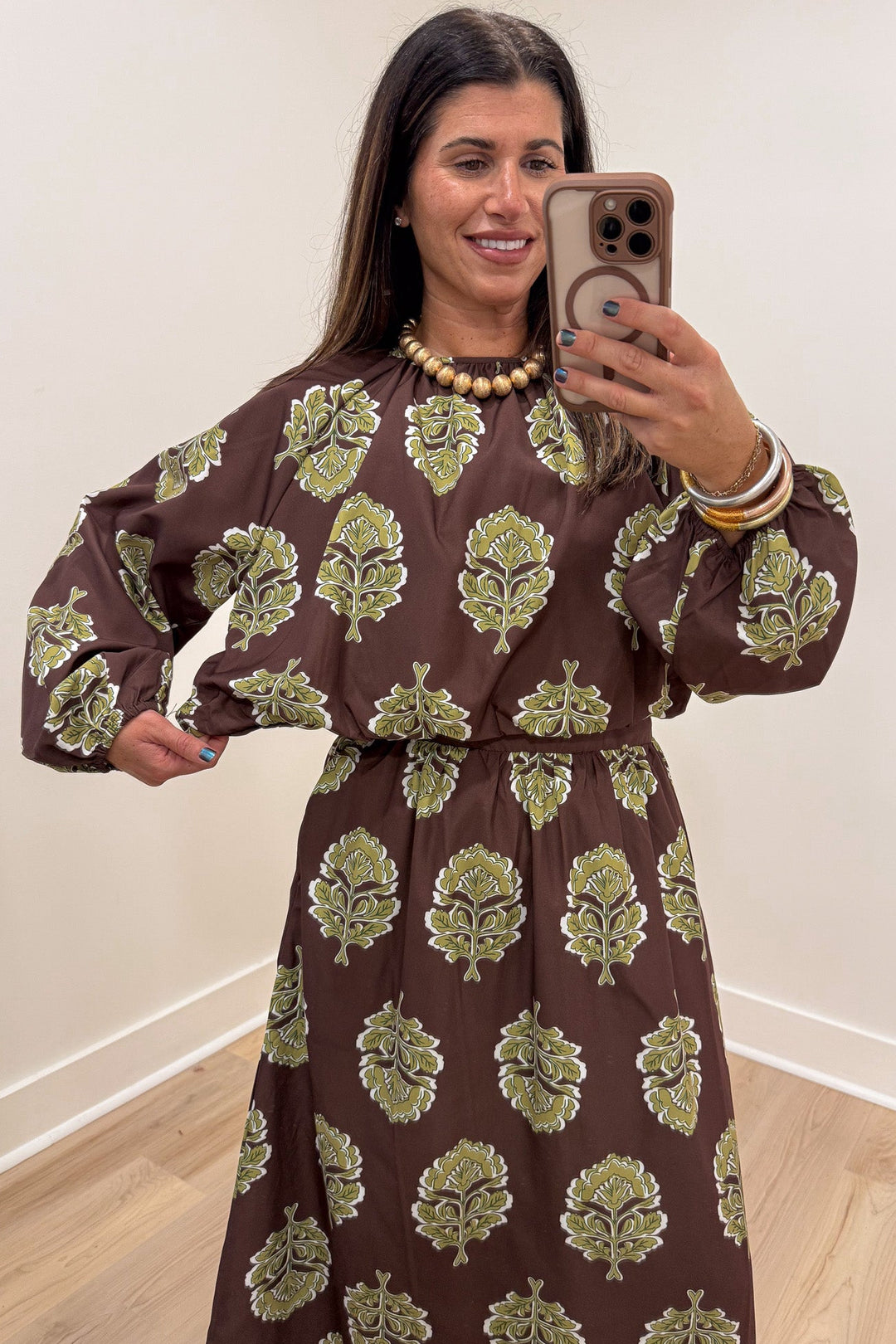 brown with olive green large floral print cuffed balloon sleeve cropped top and midi skirt matching set