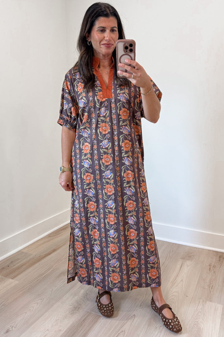 brown and burnt orange floral lattice print short sleeve v neckline midi dress