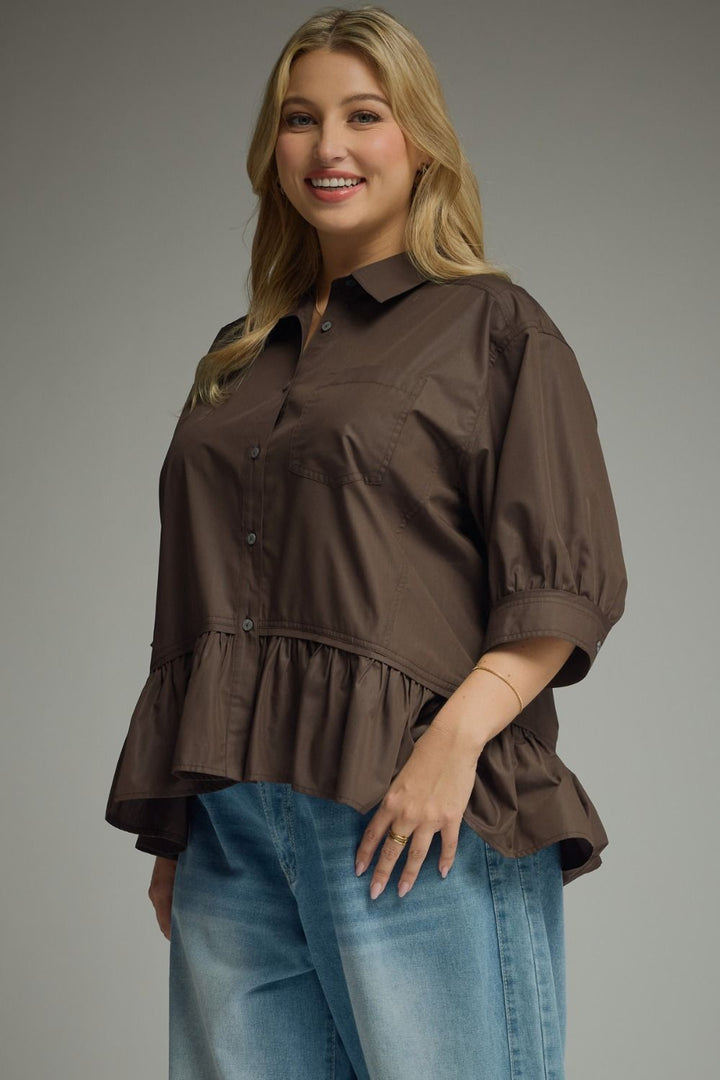 Women's semi-cropped button down brown peplum top with ruffled hem in plus size by Entro