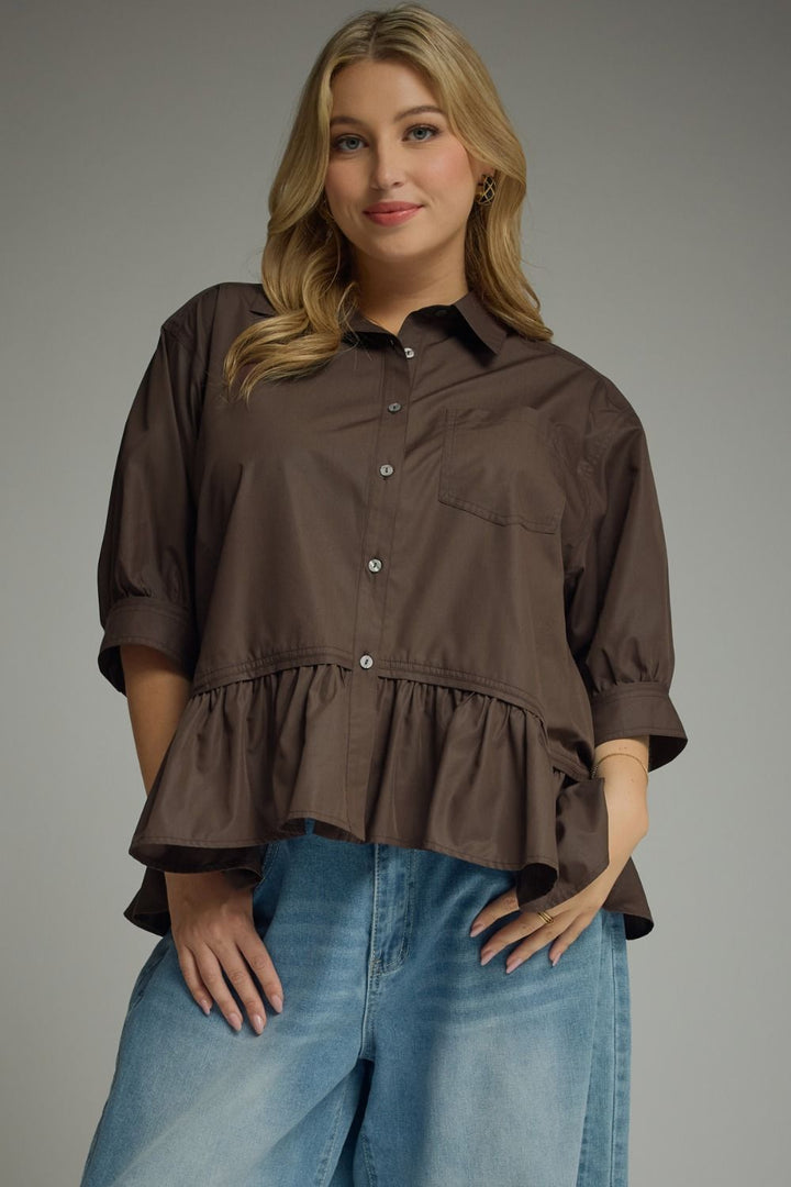 Women's semi-cropped button down brown peplum top with ruffled hem in plus size by Entro