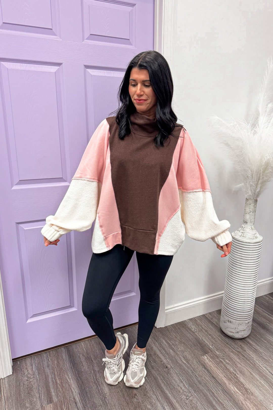 pink brown colorblock sweatshirt
