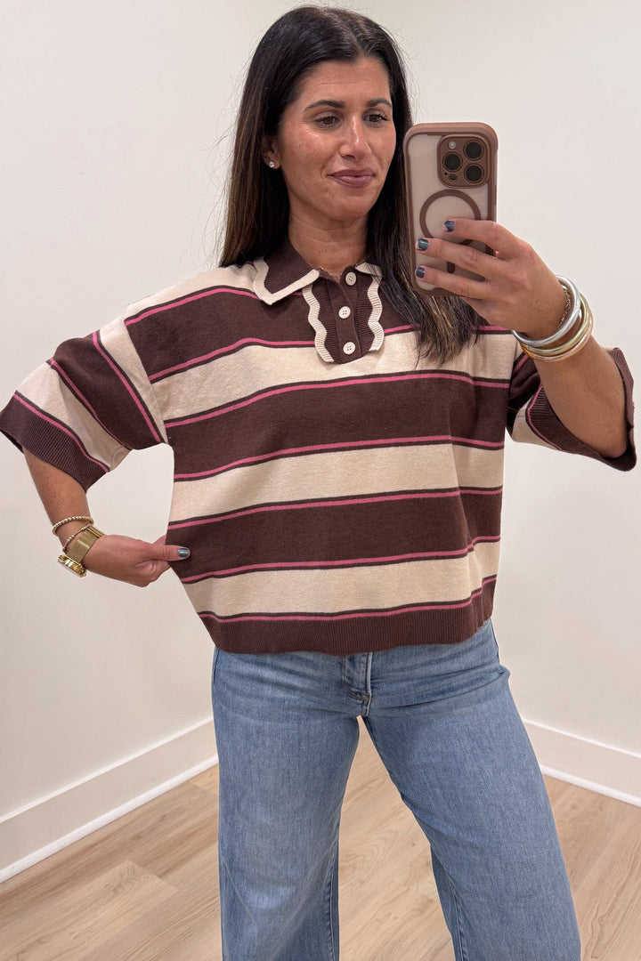 brown beige and pink striped short sleeve button front bodice relaxed silhouette lightweight knit top