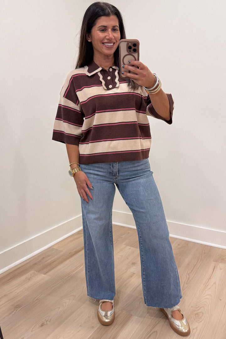 brown beige and pink striped short sleeve collared neckline button front bodice lightweight knit top