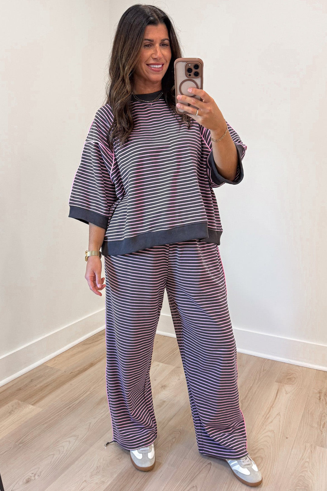 chocolate brown and pink striped top and jogger pants matching knit set
