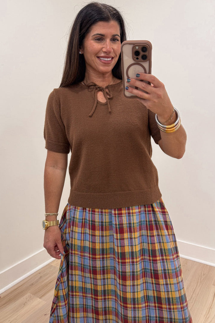 solid coffee brown short sleeve bow tie neckline semi-cropped sweater knit top