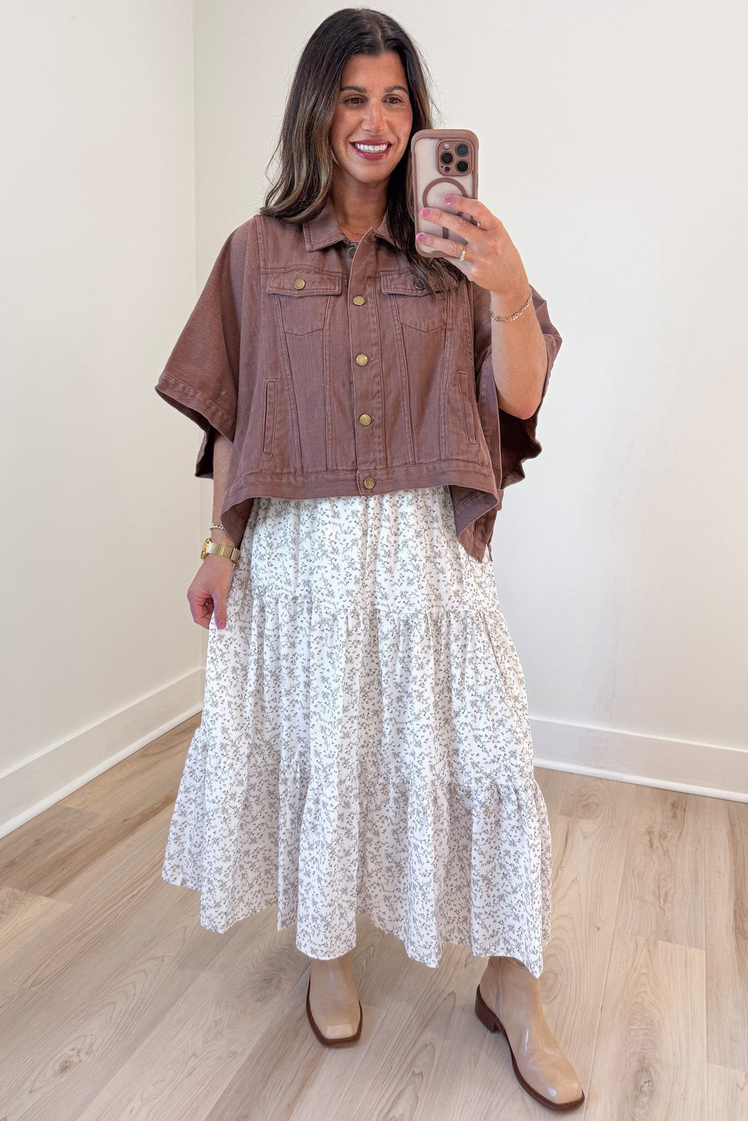solid brown short sleeve poncho style  button front semi-cropped denim jacket with front chest pockets