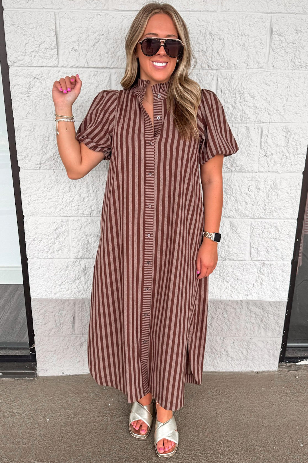brown and mocha striped button front closure puff sleeve cotton midi dress