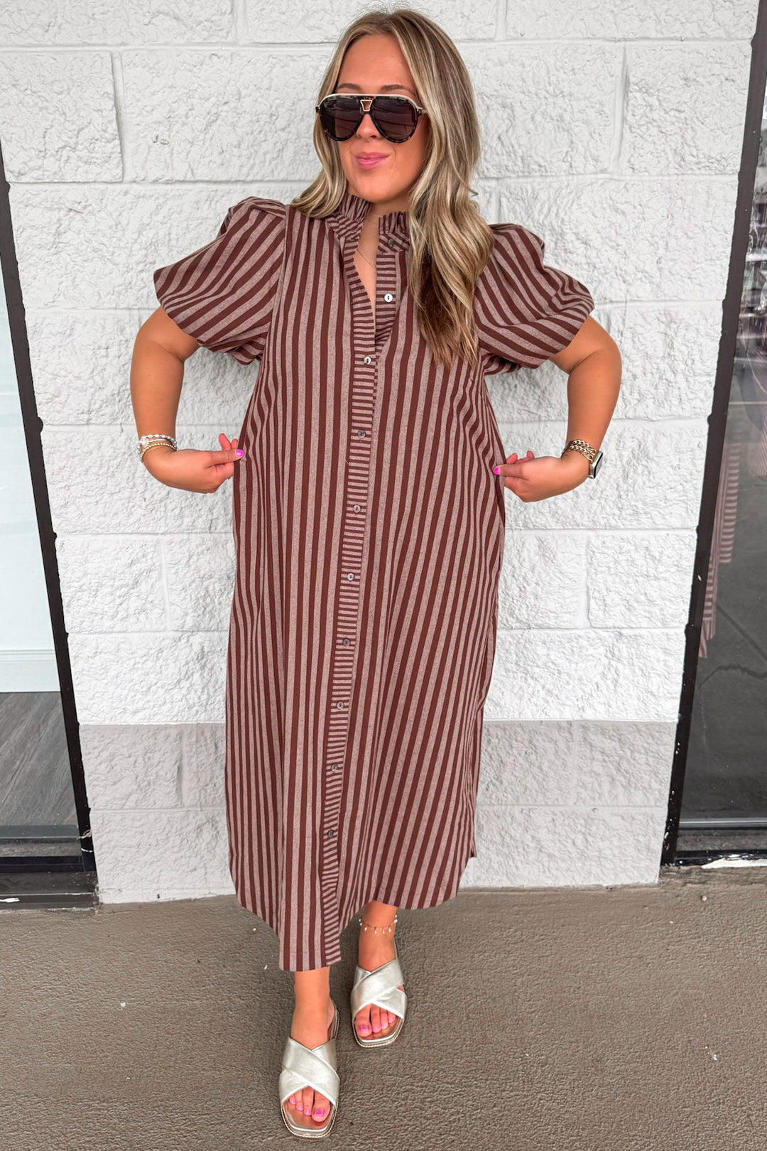 brown and mocha striped button front puff sleeve relaxed silhouette cotton midi dress