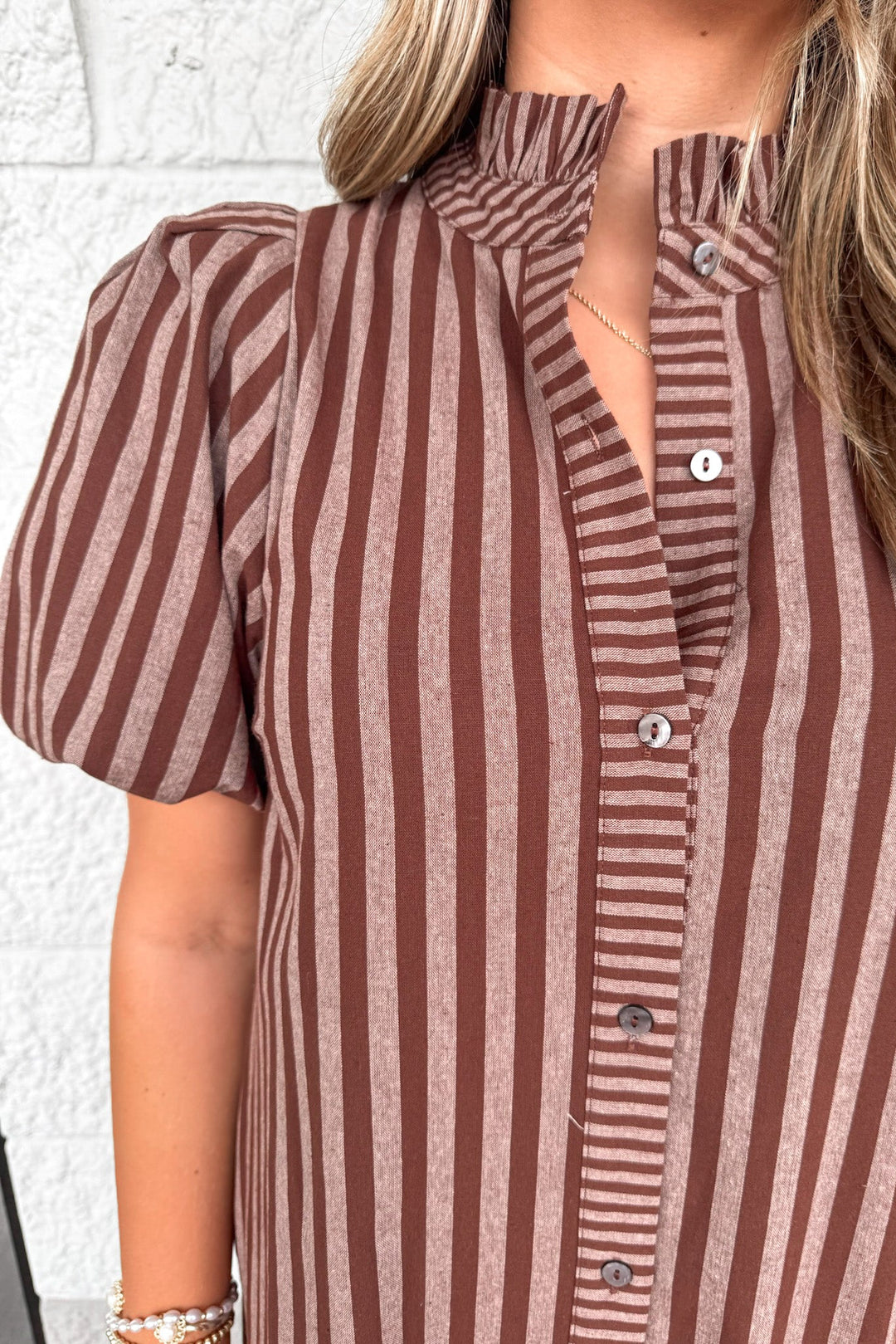brown and mocha striped button front mock neck puff sleeve cotton midi dress