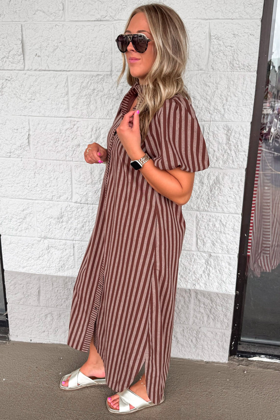 brown and mocha striped button front puff sleeve cotton midi dress with side slits at hem