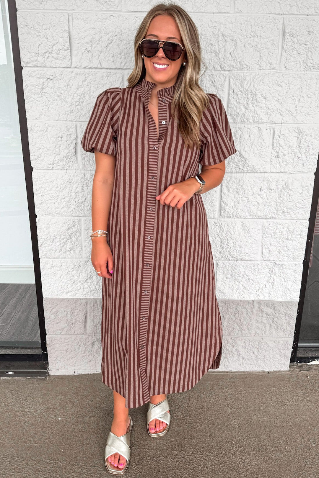 brown and mocha striped button front puff sleeve cotton midi dress