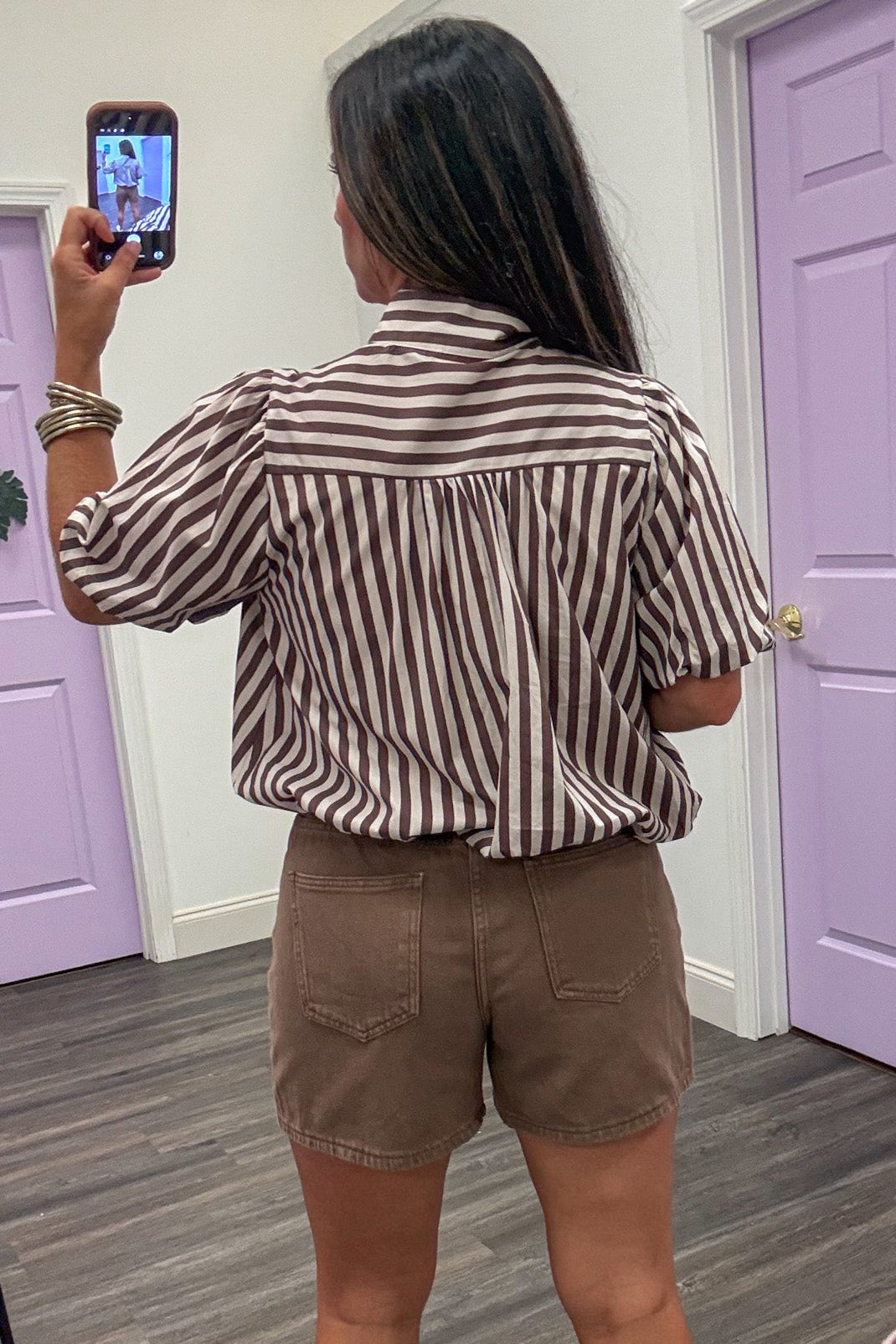 brown and ecru striped short sleeve bubble hem button front semi-cropped top with back tiered detail