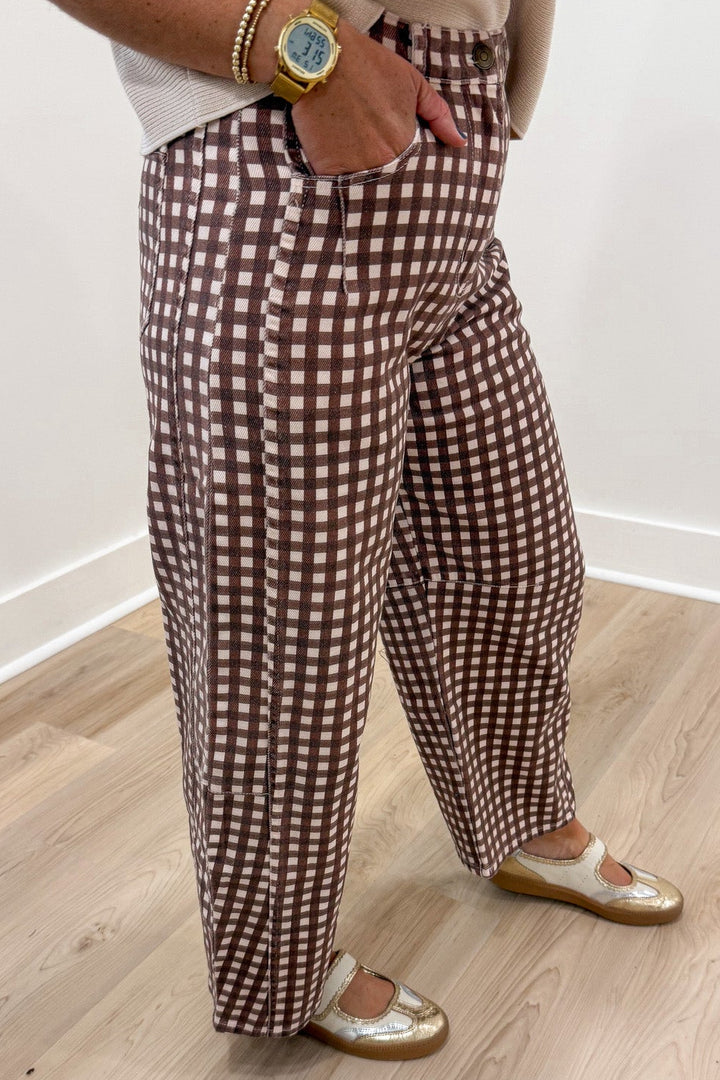 brown and taupe gingham checkered print denim barrel pants with adjustable waist and front pockets