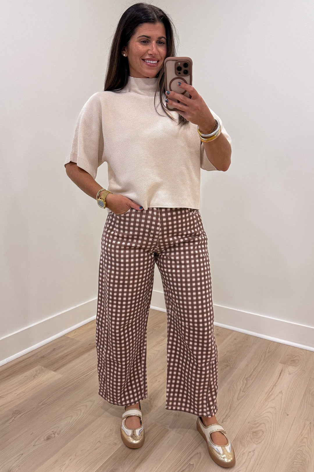 brown and taupe gingham checkered print denim barrel pants with adjustable waist