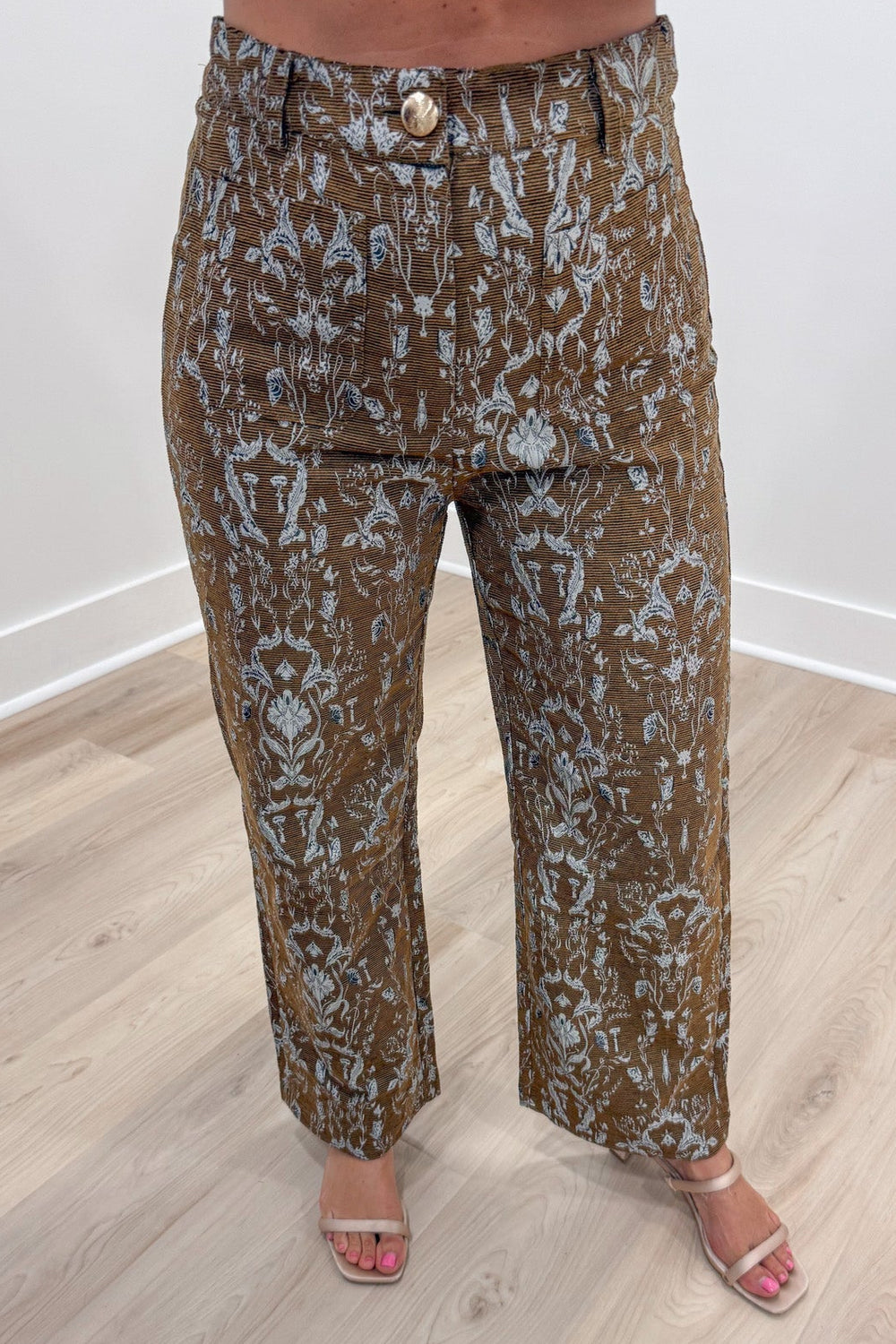 textured brown with silvery blue jacquard paisley print button zipper closure wide leg pants