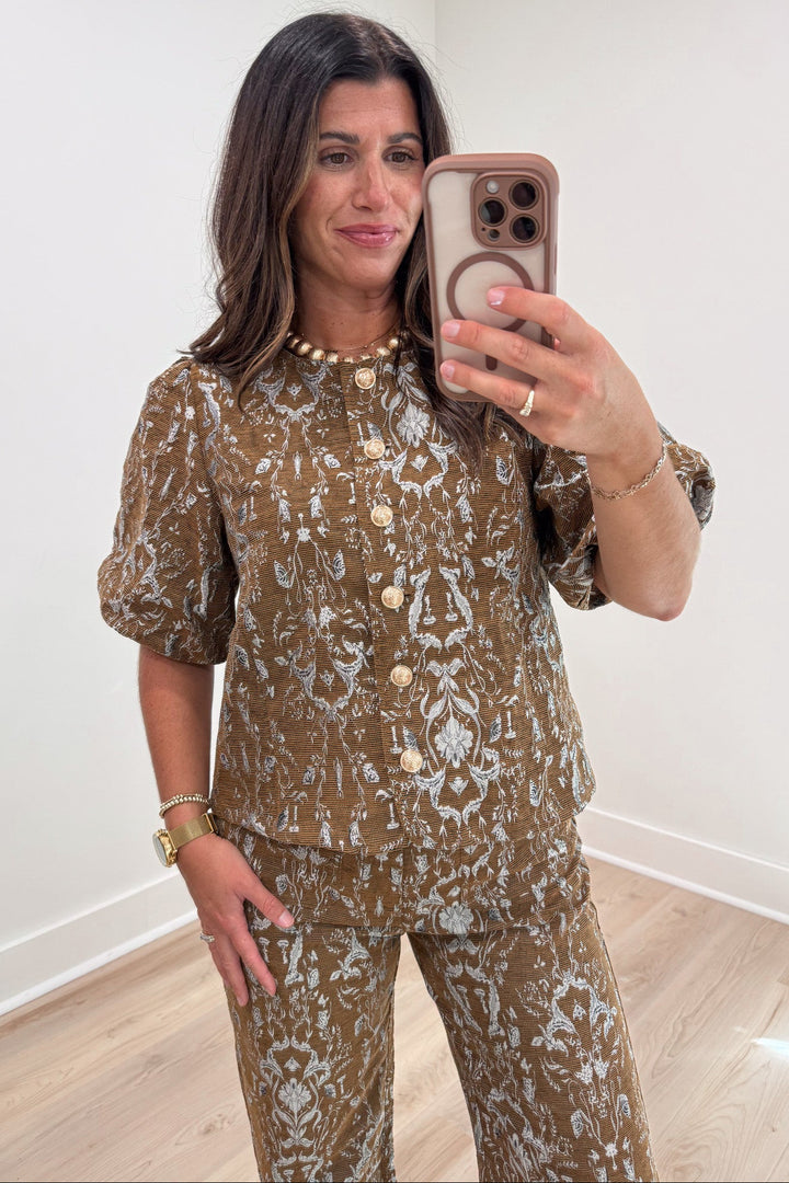 textured brown with silvery blue jacquard paisley print button front top