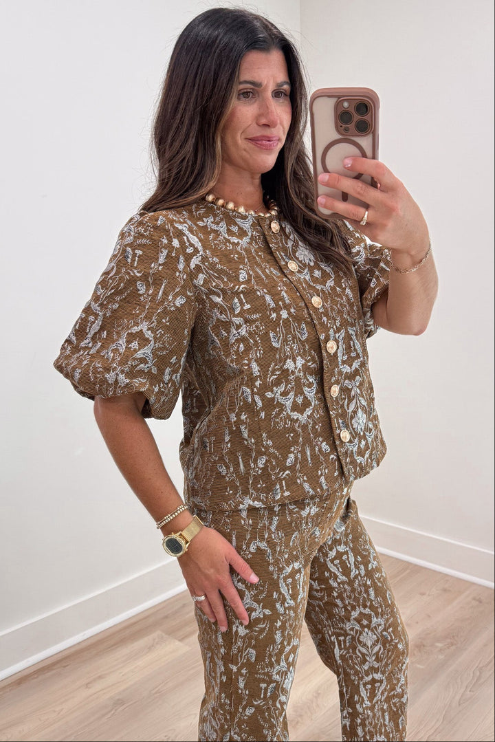 textured brown with silvery blue jacquard paisley print short puff sleeve button front top