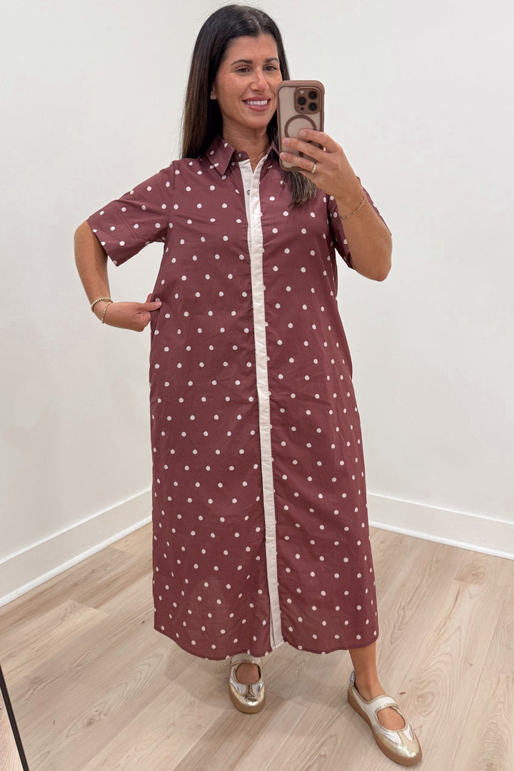 brown with off-white polka dot print short sleeve button front relaxed silhouette cotton poplin midi dress