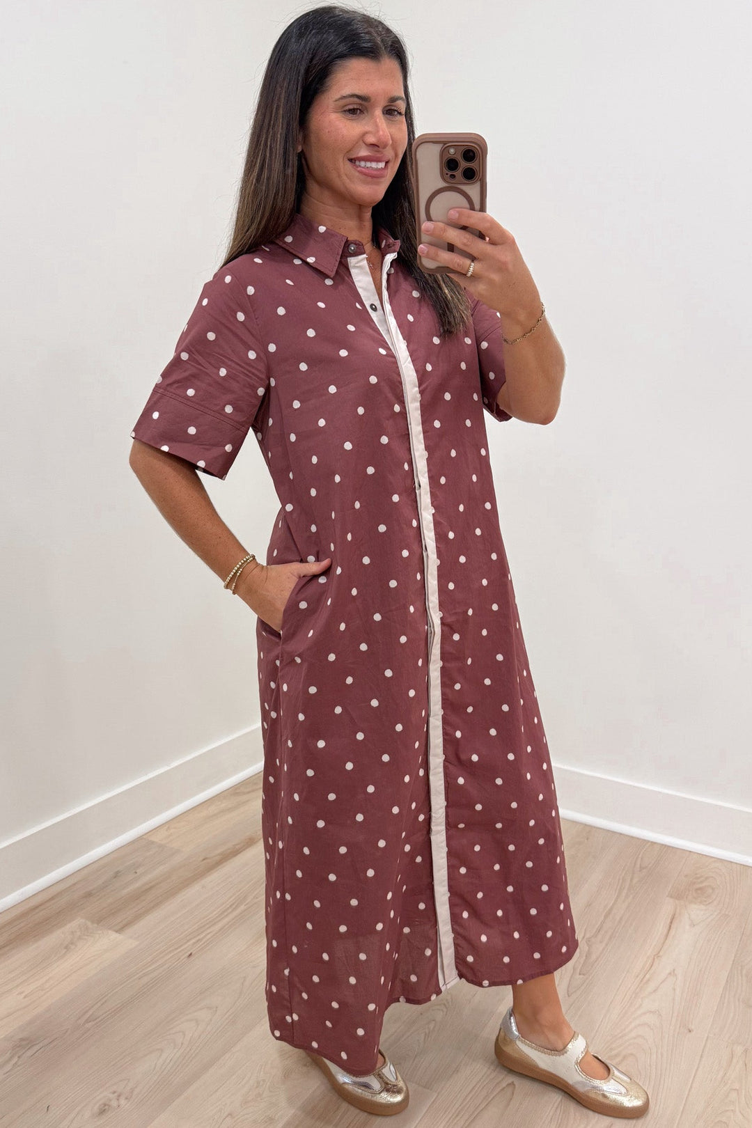 brown with off-white polka dot print short sleeve button front cotton poplin midi dress with side pockets