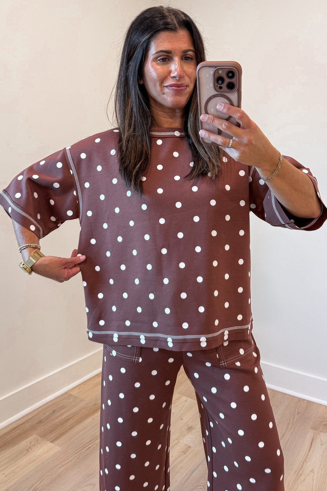 chocolate brown with white polka dot print relaxed fit top and pants matching knit set