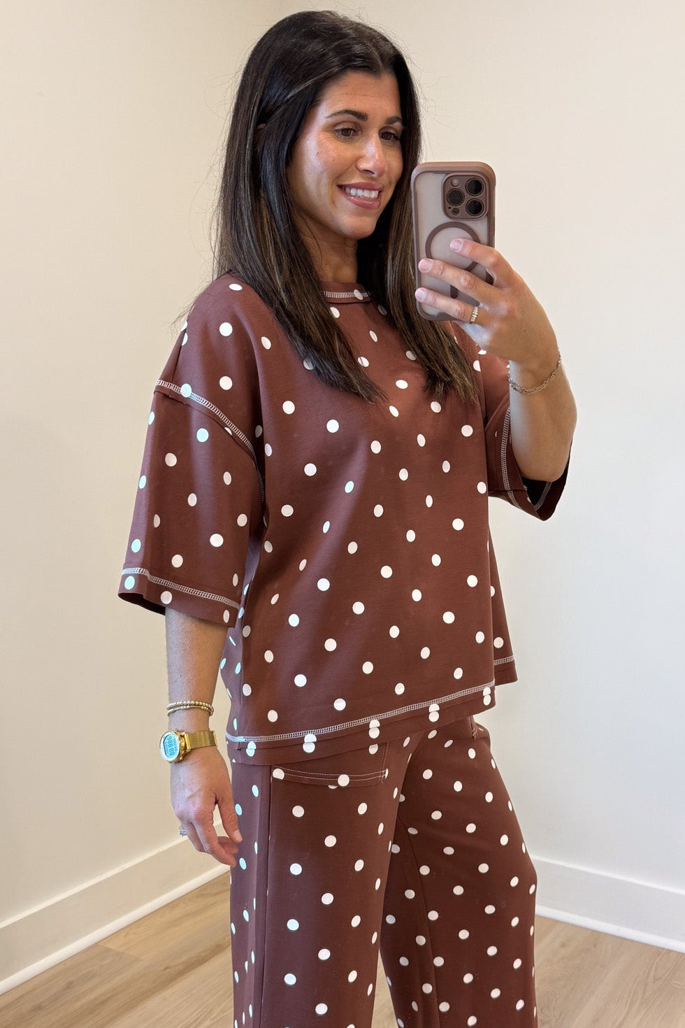 chocolate brown with white polka dot print crew neckline top and pants matching knit set