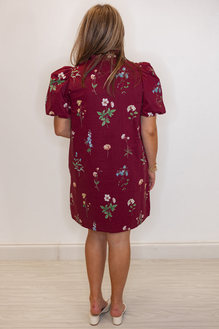 Women's burgundy multicolor floral print button front poplin dress with ruffle detail by Entro showing full back view