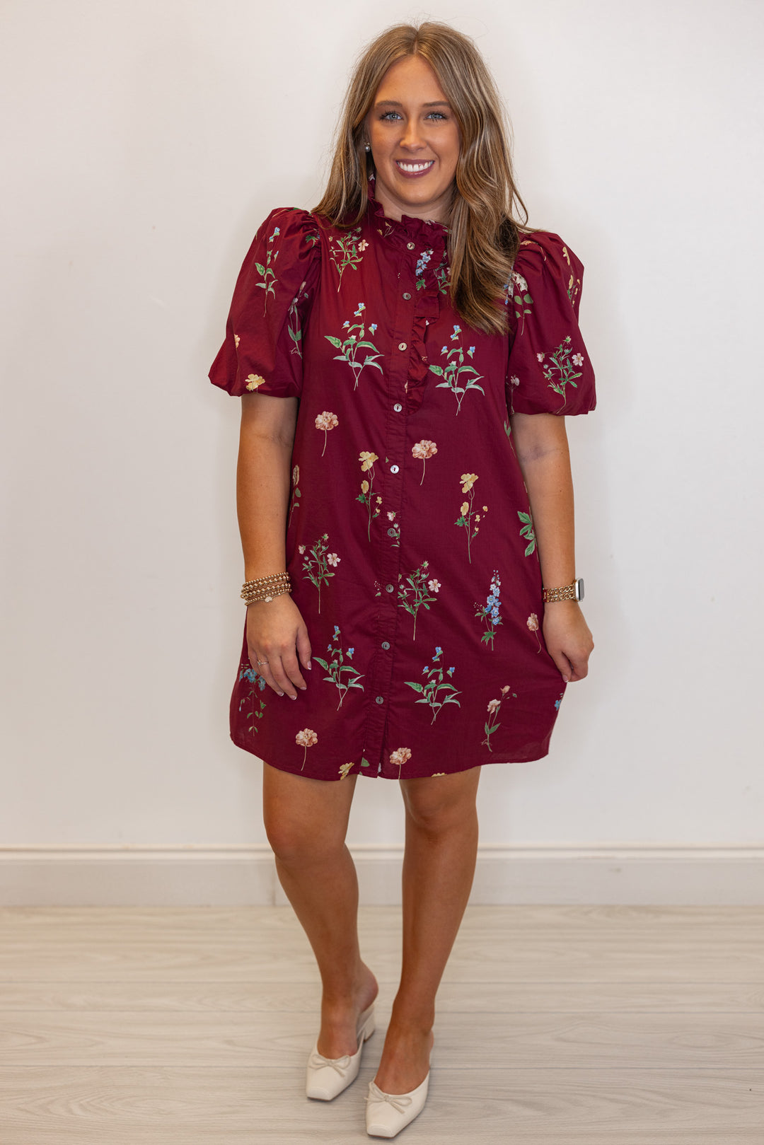 Women's burgundy multicolor floral print button front poplin dress with ruffle detail by Entro
