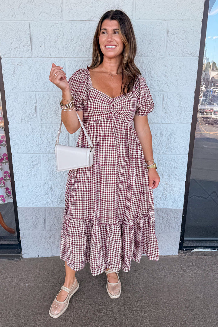 burgundy ivory gingham smocked chest back midi dress with wide ruffle hem