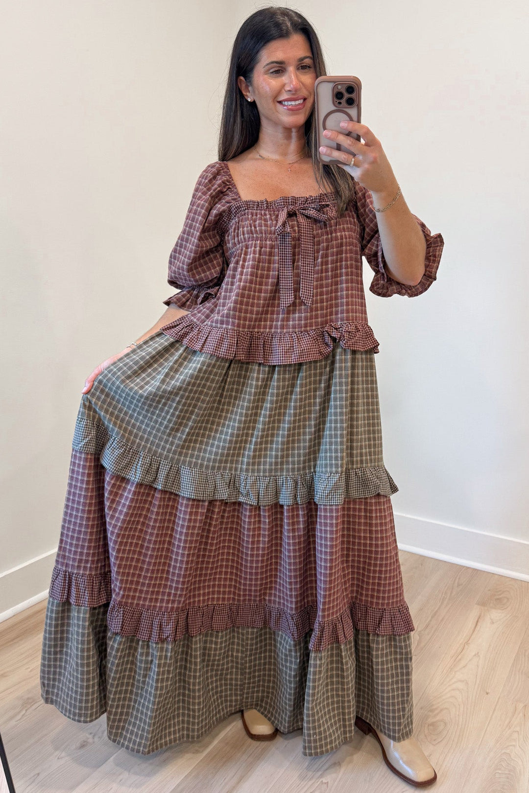 burgundy and olive green colorblock plaid print puff sleeve flowy tiered midi dress