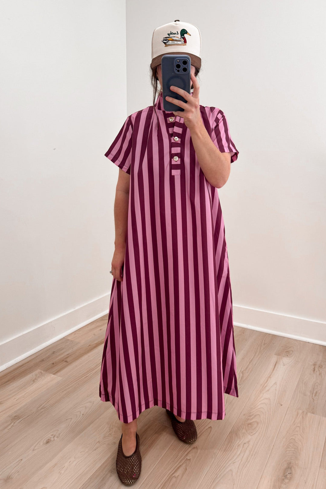 pink burgundy striped oversized midi dress