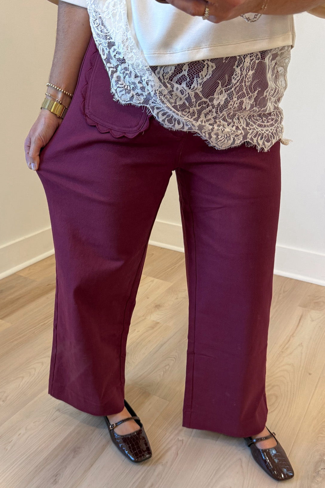 solid burgundy scalloped embroidery trim wide leg high waisted twill denim pants with button zipper closure