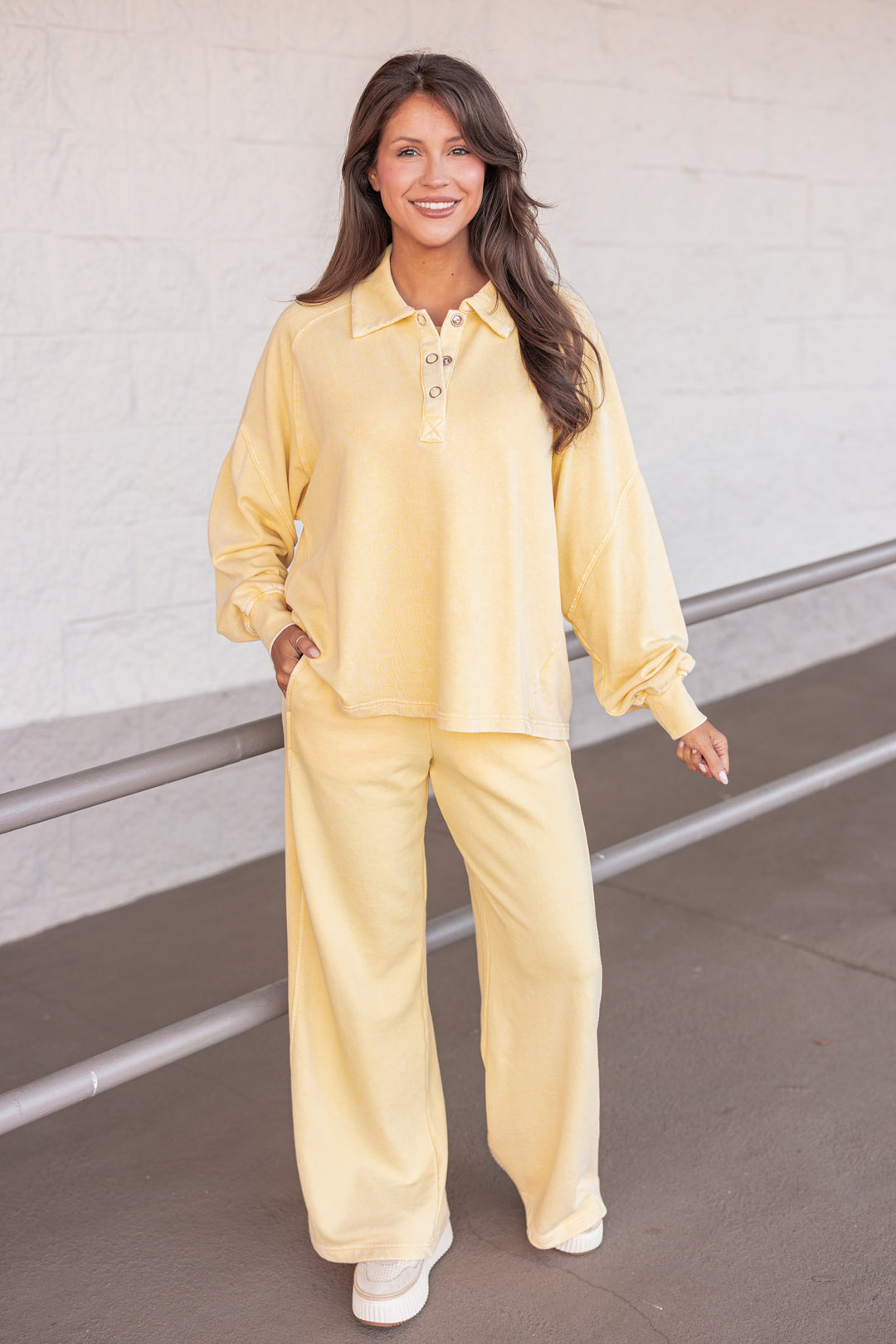 butter yellow terry knit matching set with pants and pullover top