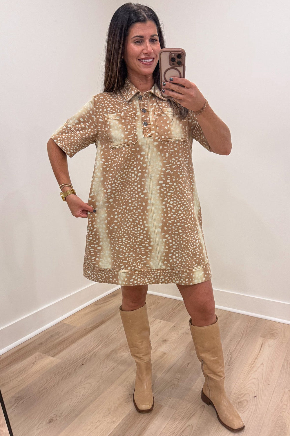 caramel and ivory spotted deer print denim button front bodice relaxed silhouette short dress