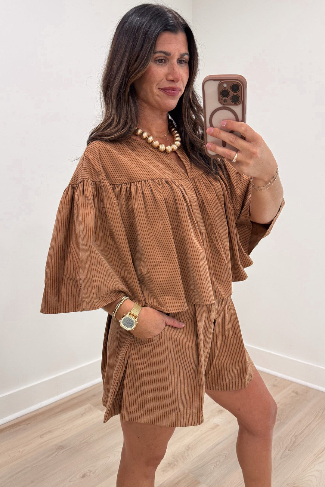 caramel pinstriped top and front pocket shorts relaxed fit matching poplin cotton set