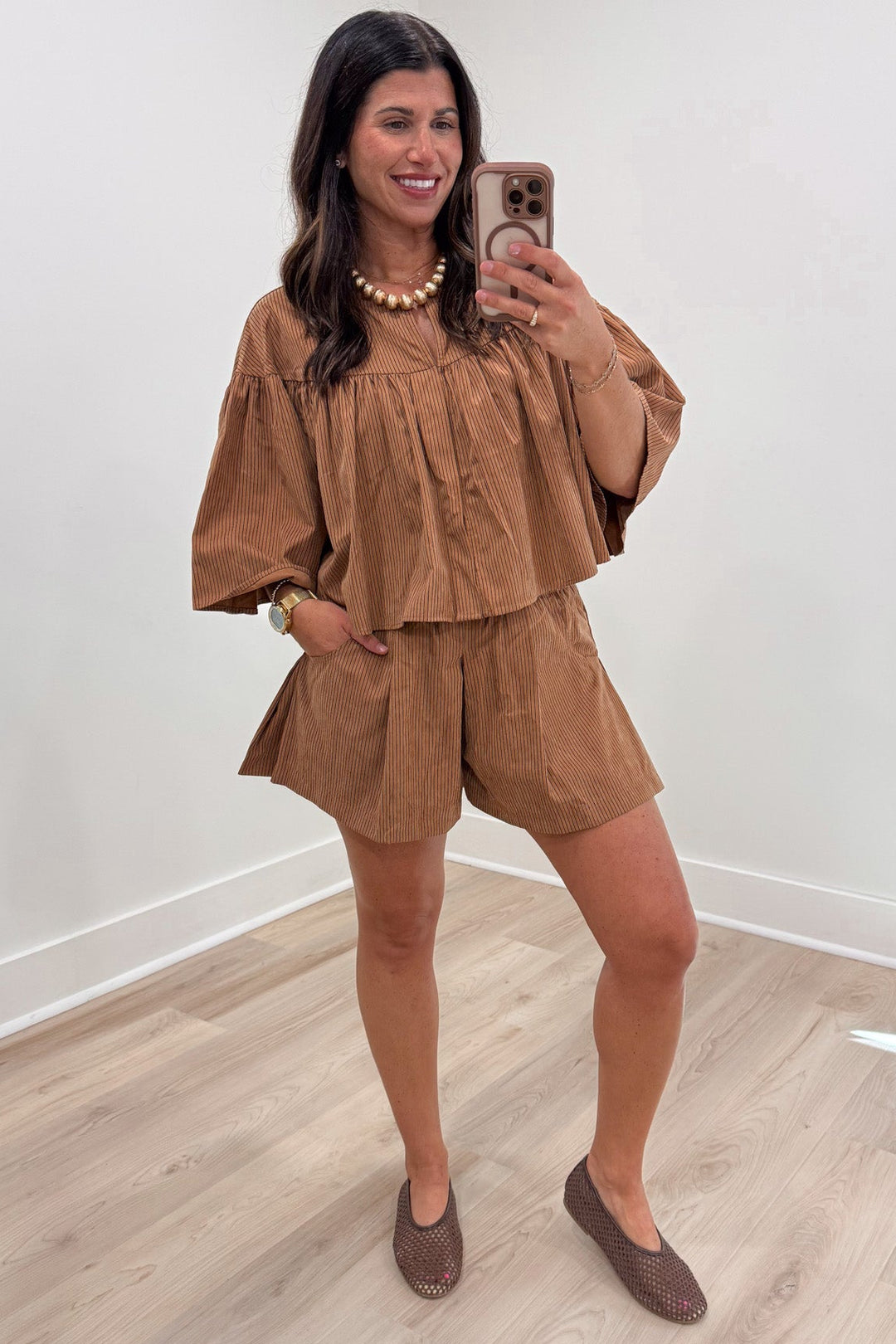 caramel pinstriped top and shorts relaxed fit matching lightweight poplin cotton set