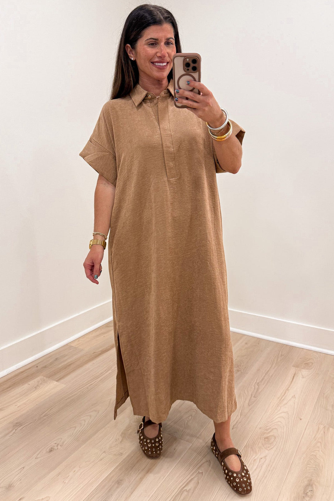 solid caramel short sleeve shirt collar neckline button front closure midi dress