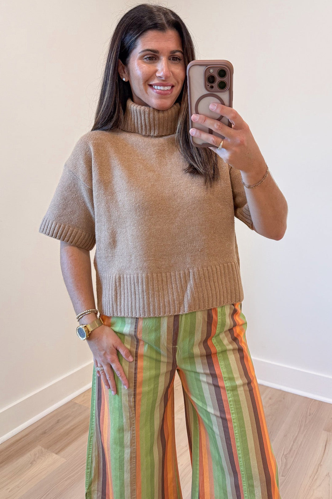 solid caramel short sleeve turtleneck semi-cropped lightweight knit sweater top