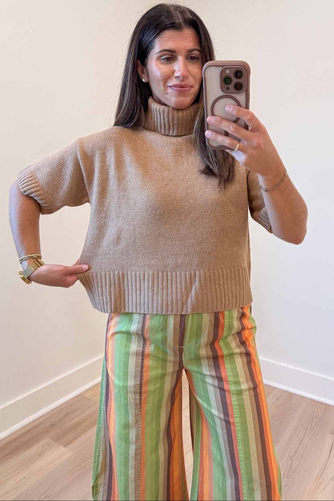 solid caramel short sleeve turtleneck semi-cropped relaxed fit lightweight knit sweater top