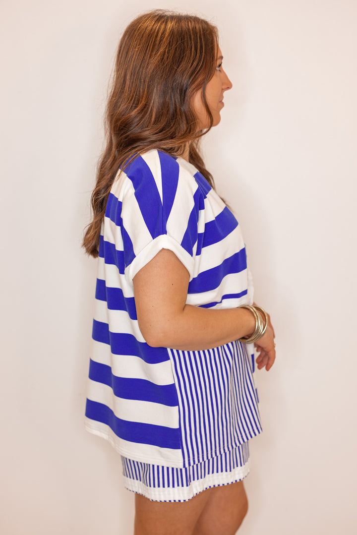 royal blue white striped casual shirt