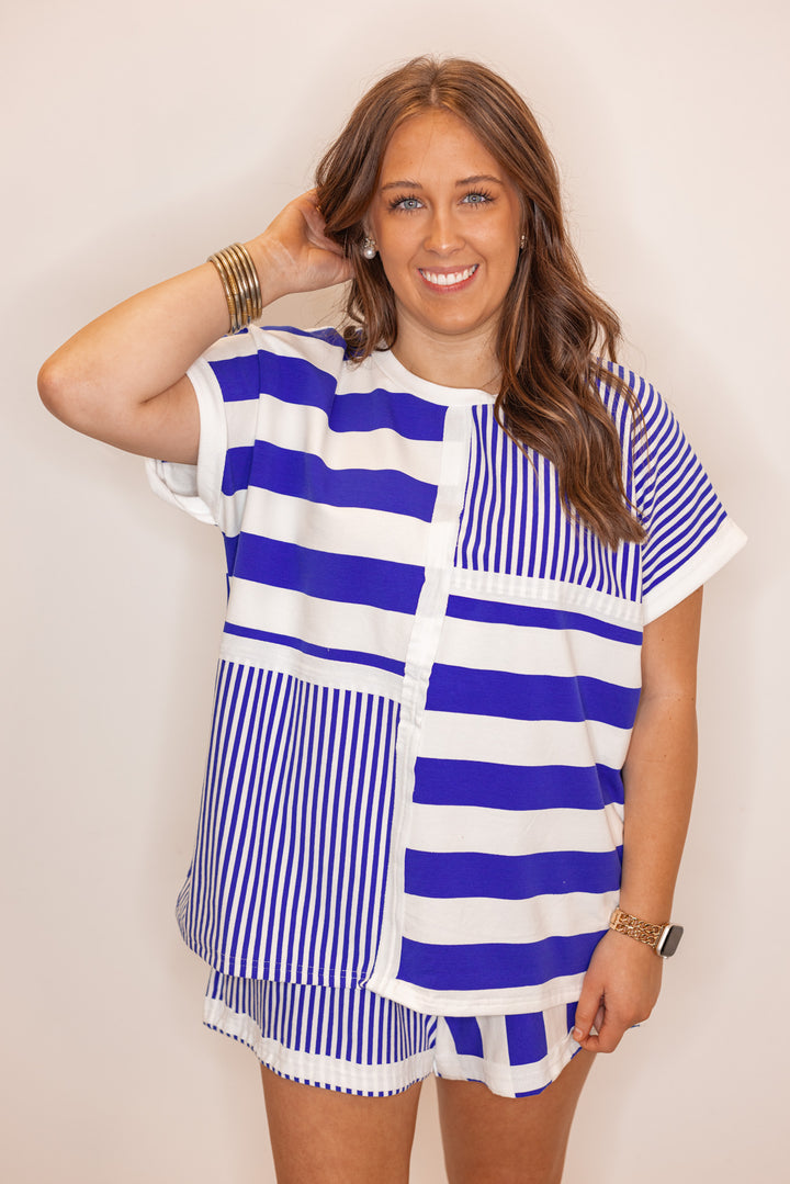 royal blue white striped casual shirt