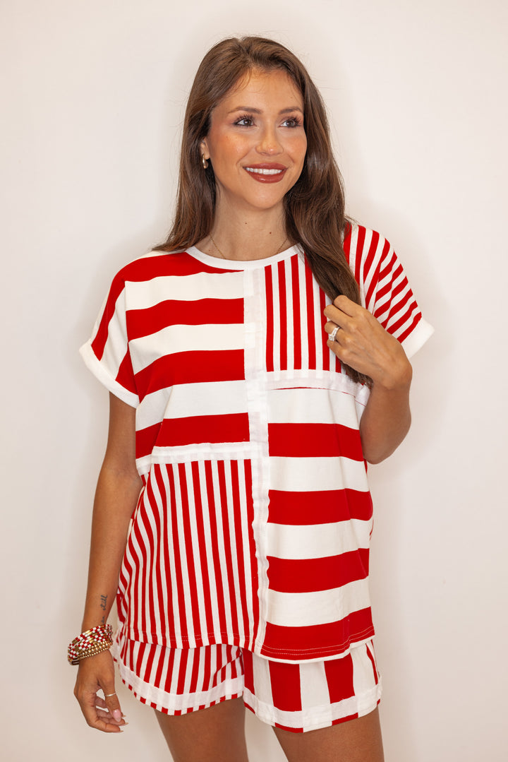red white stripe casual lounge shorts
