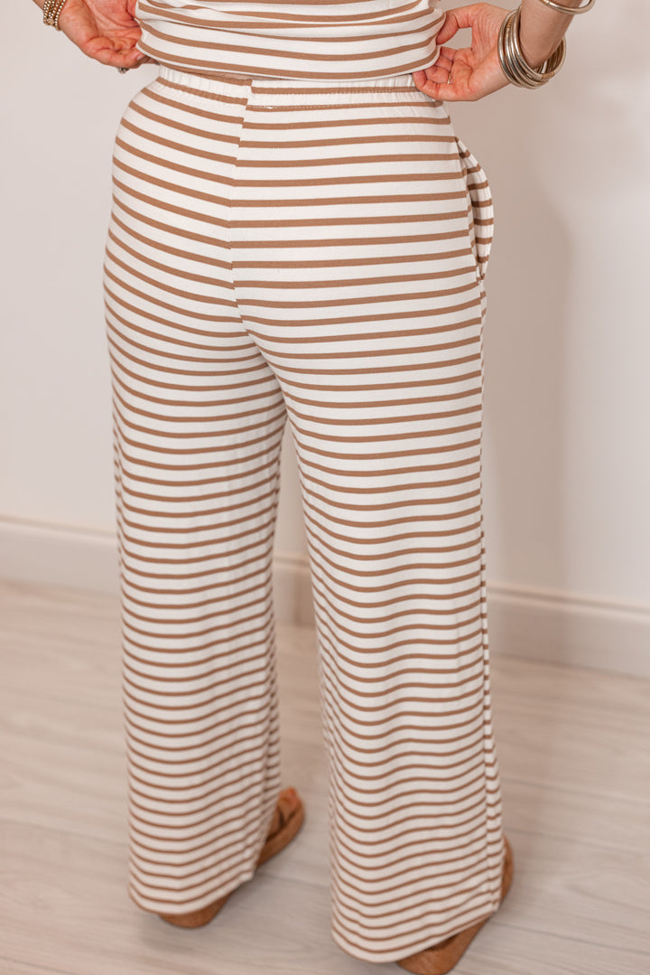 tan ivory stripe knit elastic waist pants