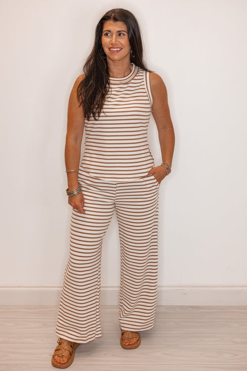 tan ivory stripe knit elastic waist pants