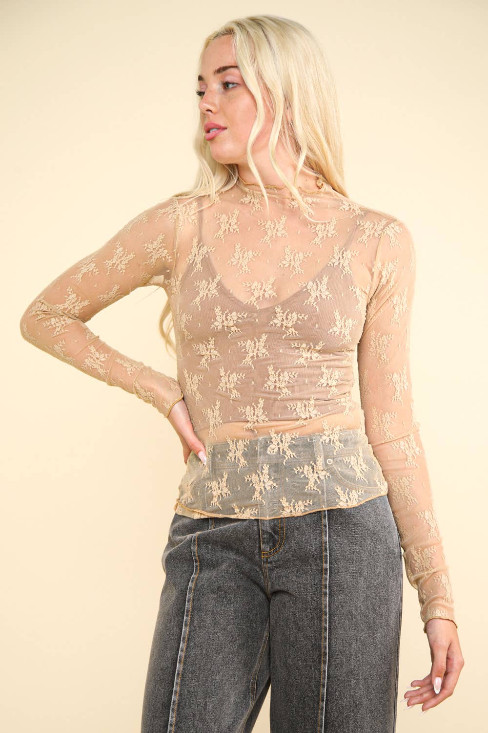 Very J Sheer mesh lace champagne/nude layering top