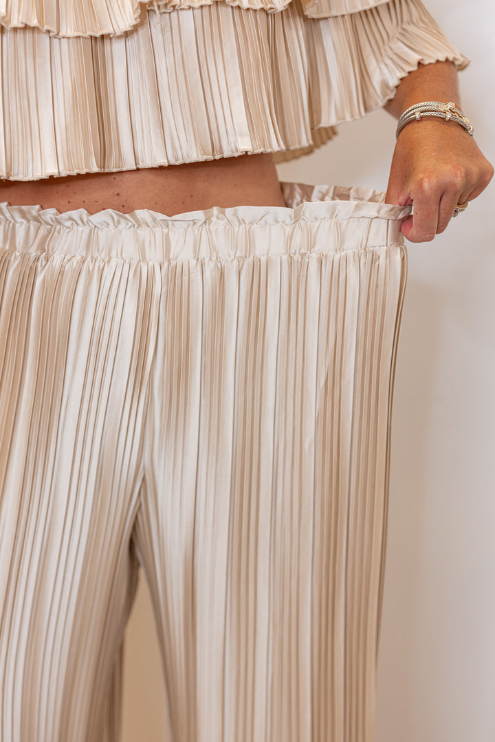 champagne pleated satin wide leg pant